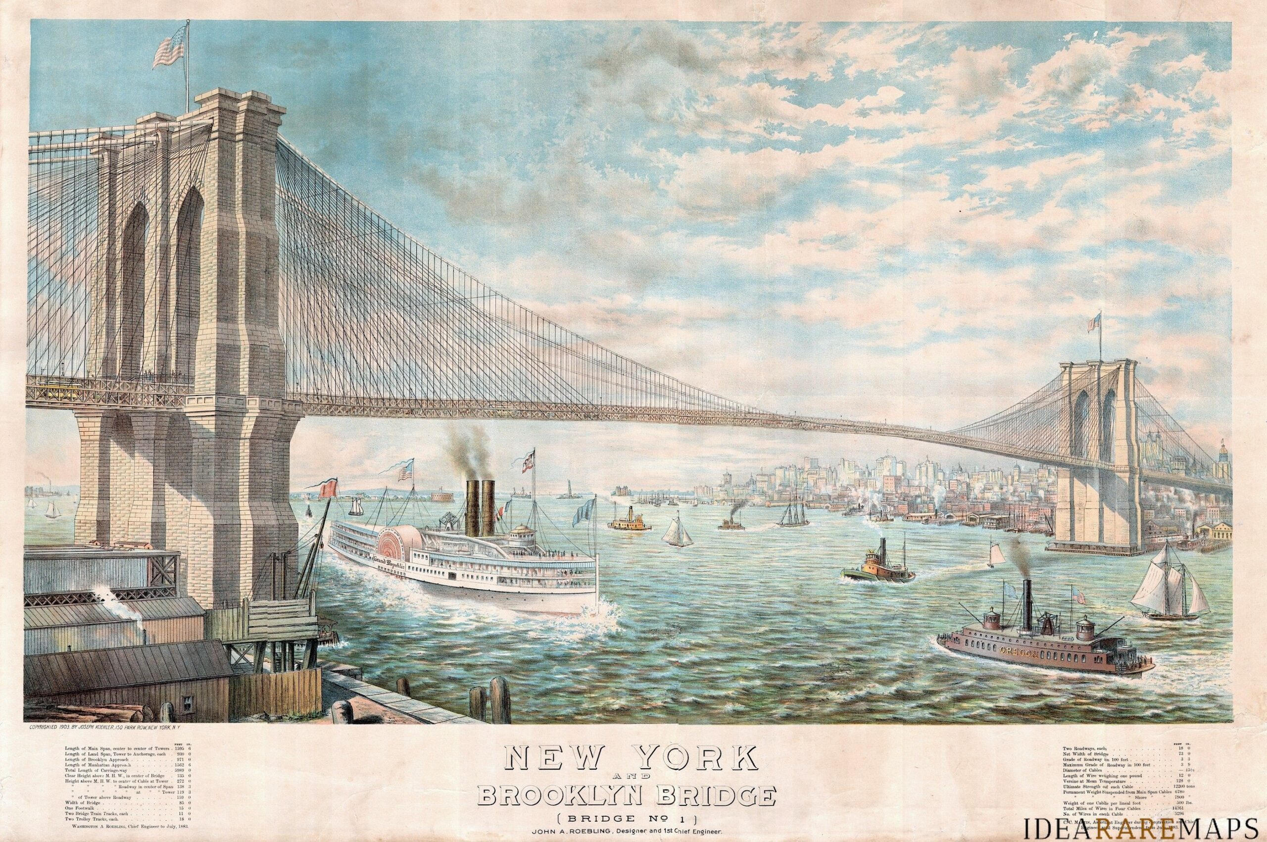Chief Idea BROOKLYN Engineer NEW 1st BRIDGE - A AND n°1) Maps and (Bridge YORK Roebling. John Rare Designer